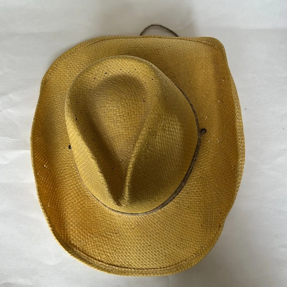 AUGUST Yellow Paper Straw Western Fedora Hat Elastic Band Cord String NWOT $75